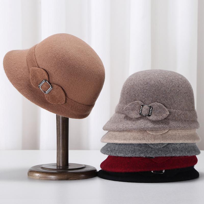 帽子 レディース ファッション シニア 中年 秋冬 リボン ウール バケットハット キャップ 厚手 暖かい ..