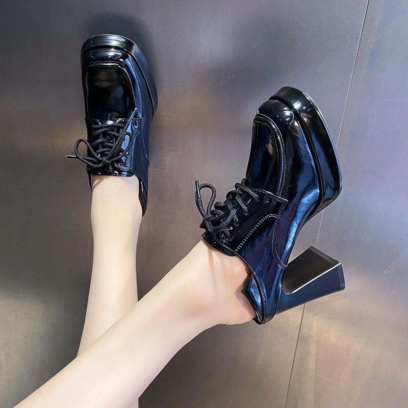 ブーティ ハイヒール 厚底 靴 8cm レディース 秋 ブーツ 防水 レザー かわいい スクエアトゥ ソフト シ..