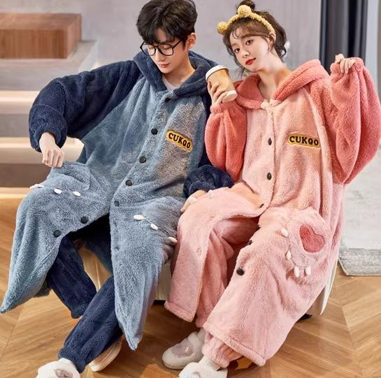 レディース メンズ パジャマ セットアップ カップル お揃い ペアルック 冬 フランネル フード付き コーラルフリース 厚手 バスロープ ホームウェア 部屋着 ルームウェア 色違い ユニーク かわいい 10種