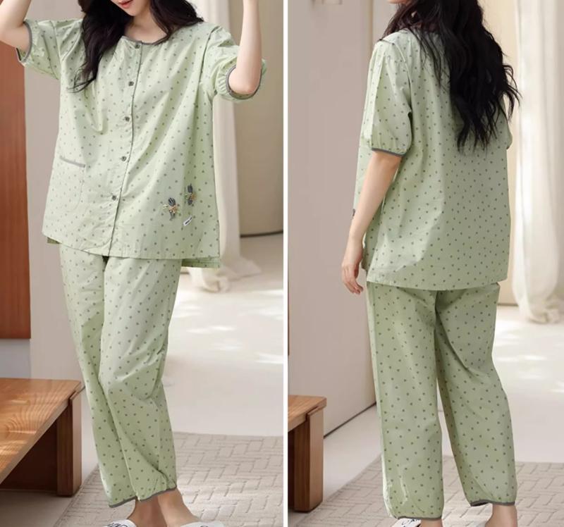 レディース パジャマ セットアップ 五分袖 七分袖 九分丈 クロップド カプリパンツ カーディガン風 前ボタン 薄手 ルームウェア 部屋着 ナイト プリント 7種 ラウンドネック ホーム 綿 コットン ソフト