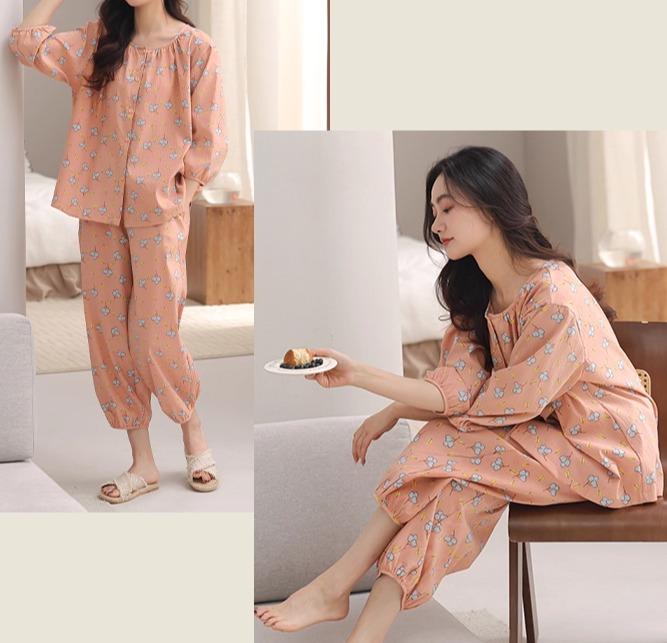 レディース パジャマ セットアップ 薄手 ナイトウェア 七分袖 九分丈 クロップド カプリパンツ ルームウェア 部屋着 M-3XL ソフト プリント柄 5種 前ボタン ラウンドネック コットン 綿
