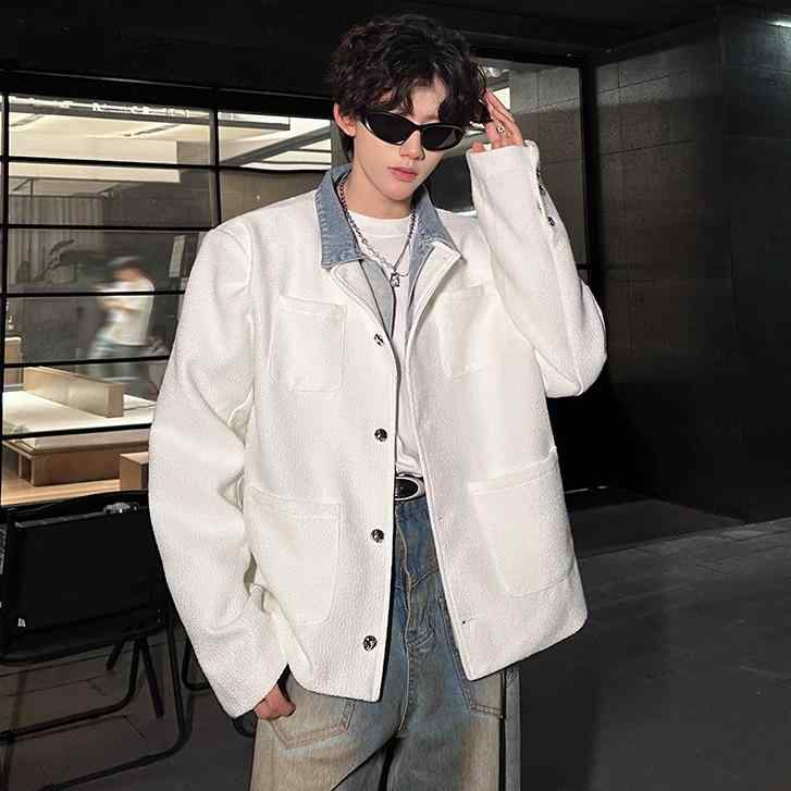 Ⅿンず 長袖 ジャケット シンプル 重ね着風 カジュアル おしゃれ 上品 パッチワーク ストリート 韓国 フ..