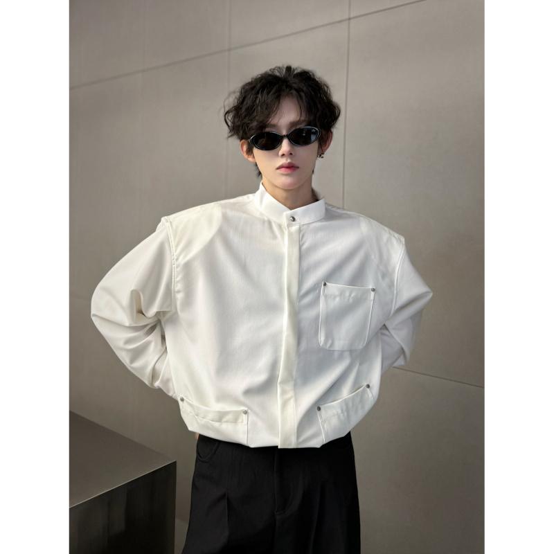 メンズ 長袖 シャツ トップス シンプル カジュアル 無地 薄手 春秋 ファッション 上品 きれいめ スマート 韓国 シングルブレスト スタイリッシュ モダン おしゃれ