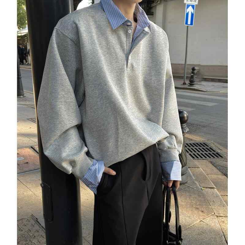 メンズ トレーナー 長袖 トップス 重ね着風 ハーフボタン シンプル カジュアル おしゃれ 上品 ストリー..