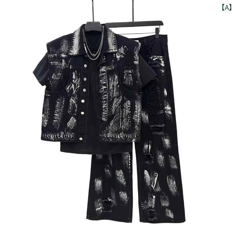 メンズ ファッション 夏コーデ ベスト ジレ トップス ノースリーブ デニム パンツ ズボン セットアップ ブラック グラフィティ ストリート モード カジュアル
