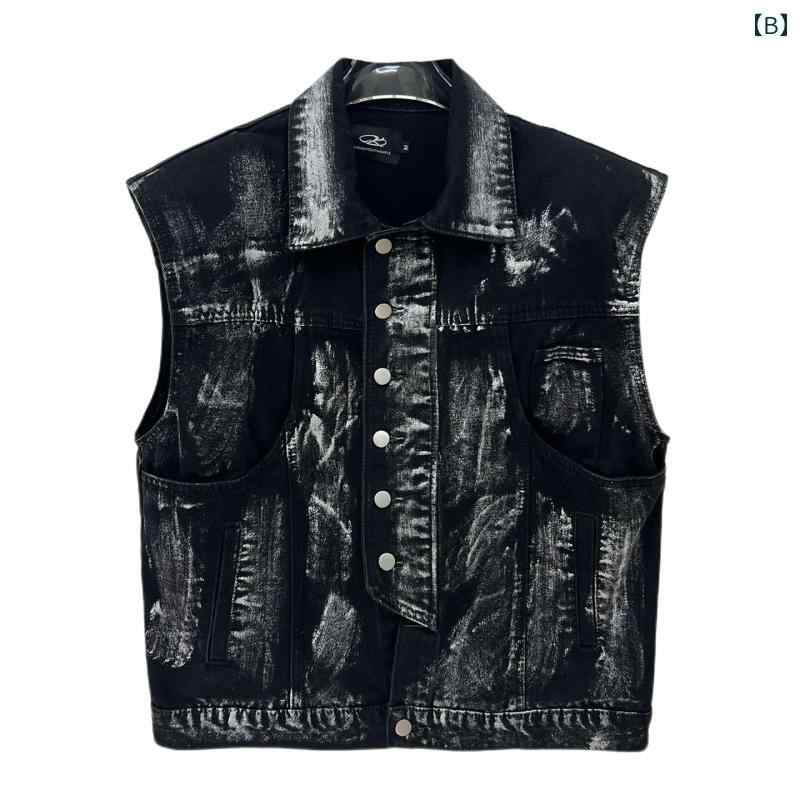メンズ ファッション 夏コーデ ベスト ジレ トップス ノースリーブ デニム パンツ ズボン セットアップ ブラック グラフィティ ストリート モード カジュアル