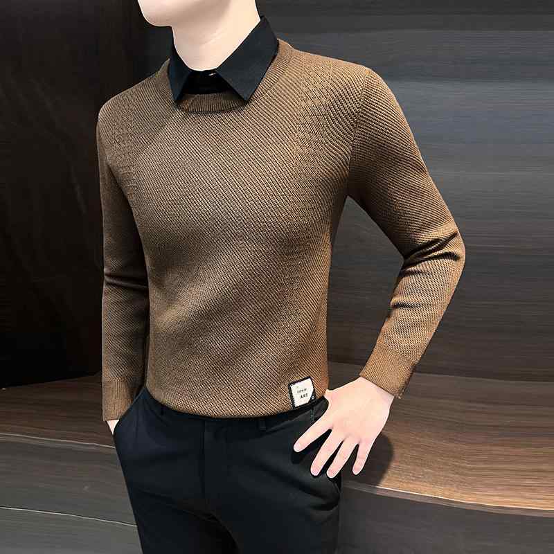 メンズ ファッション 秋冬 スタイル セーター シャツ トップス ニット 重ね着風 長袖 スリムフィット 無地 軽量 快適 シンプル オフィス カジュアル デイリー