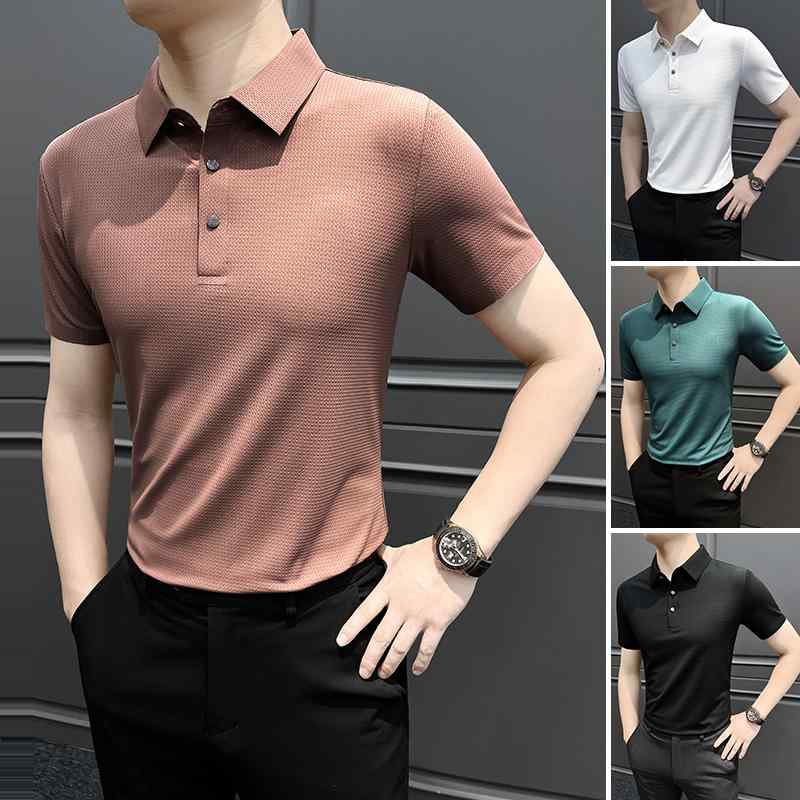 メンズ トップス ポロシャツ 半袖 ポロ襟 ハーフボタン3つ 上品 クール 薄手 通気性 薄茶 緑 白 黒 無..