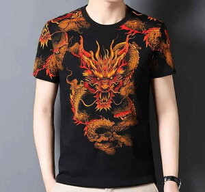 メンズ Tシャツ トップス トレーナー 半袖 黒 ドラゴンローブ 龍 顔 正面 クール 綿 プリント 柄物 中国伝統 アート ラウンドネック プルオーバー コットン 威嚇 デザイン 個性的 ストリート