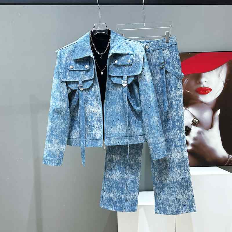 メンズ ファッション ラインストーン デニム ジーンズ ショート丈 ジャケット アウター 長袖 パンツ ズボン ストレート セットアップ スタッズ スーツ ストリート