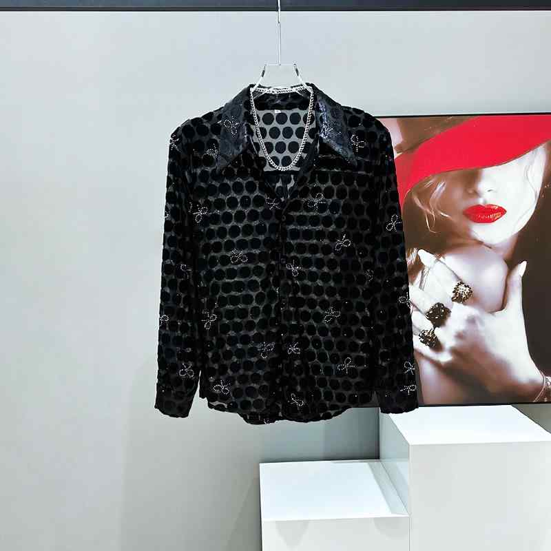 メンズ ファッション トップス シャツ 長袖 ドット リボン柄 ラインストーン 透け感 薄手 肩パッド 通..