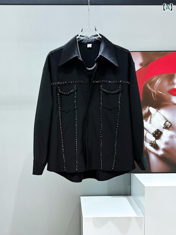 シャツ 高級感 ラインストーン エレガント ブラック 長袖 シャツ クラシック メンズ 韓国 ゆったり シ..