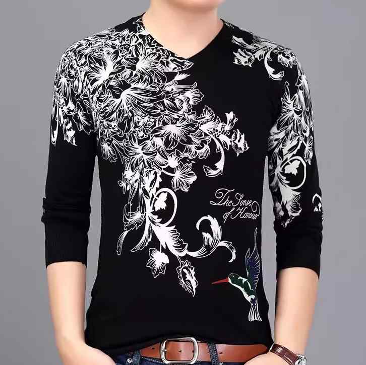メンズ Tシャツ トップス ニット セーター 黒 Vネック プリント 柄物 植物 花柄 鳥 白 スリムフィット ..