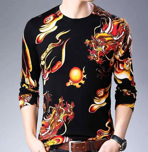メンズ Tシャツ トップス 長袖 トレーナー ニット セーター 黒 プリント 柄物 黄色 ドラゴン 2頭 龍 炎 火玉 中国伝統柄 ラウンドネック プルオーバー アート ストリート スタイリッシュ 個性的 メンズ Tシャツ トップス 長袖 トレーナー ニット セーター 黒 プリント 柄物 黄色 ドラゴン 2頭 龍 炎 火玉 中国伝統柄 ラウンドネック プルオーバー アート ストリート スタイリッシュ 個性的