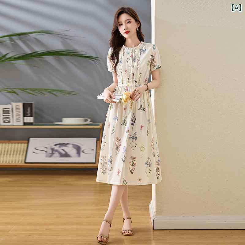ワンピース レディース ベージュ 綿 花柄 ミドル丈 ラウンドネック ブルオーバー aラインスカート コットン きれいめ