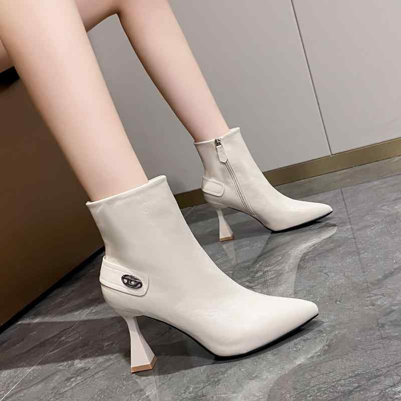 靴 ファッション ブーツ 冬 レディース 大人 かわいい シンプル ヒール 8cm PU ベルベット スリム ポイ..