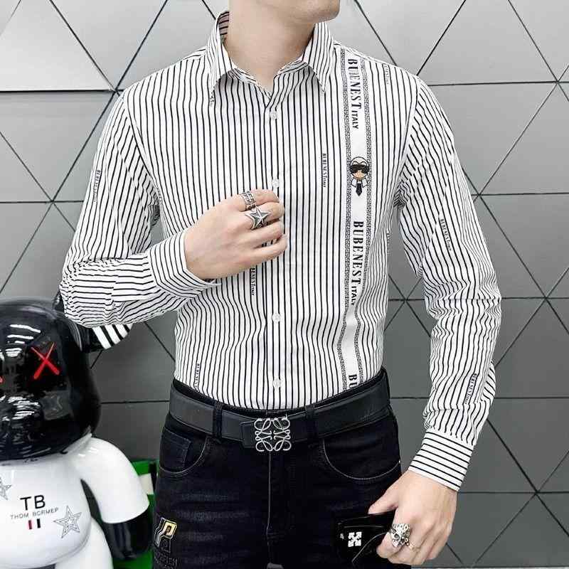 トップス メンズ ファッション ストライプ 長袖 シャツ ビジネス スリムフィット 軽量 カジュアル レイヤリング シングルブレスト