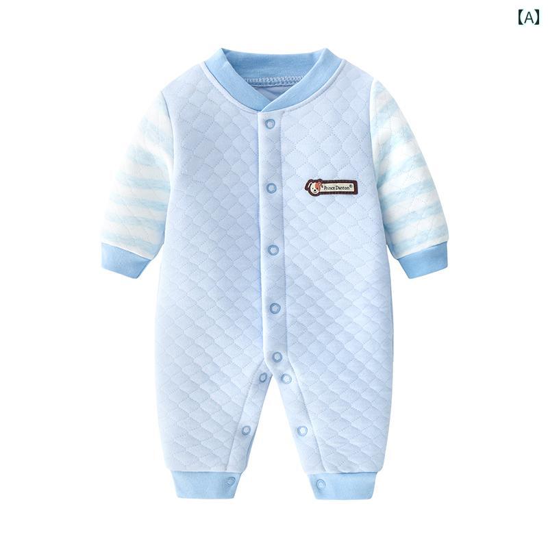ロンパース カバーオール ベビー 秋冬 新生児 暖かい キルティング パジャマ 女の子 男の子 ストライプ プリント柄 伸縮 速乾性 オールインワン 防寒