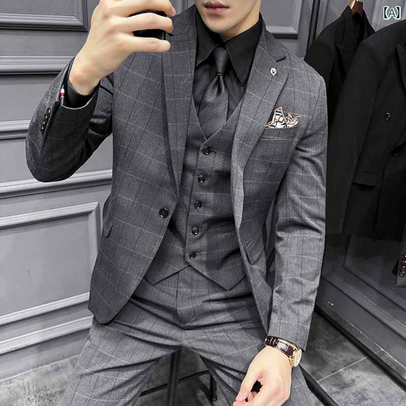 メンズ ファッション スーツ 韓国スタイル チェック柄 ジャケット ジレ ベスト パンツ ズボン セットアップ スリムフィット ビジネス カジュアル フォーマル
