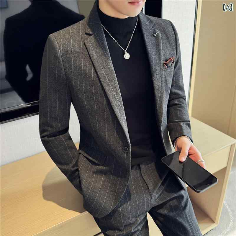 秋冬コーデ メンズ ファッション 韓国スタイル ストライプ柄 スーツ ジャケット パンツ ズボン ボトムス セットアップ ウール 厚手 カジュアル スリムフィット