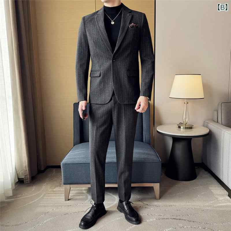 秋冬コーデ メンズ ファッション 韓国スタイル ストライプ柄 スーツ ジャケット パンツ ズボン ボトムス セットアップ ウール 厚手 カジュアル スリムフィット