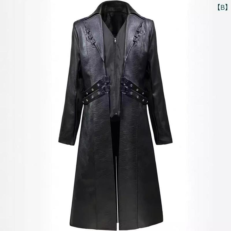 中世風 コスチューム コスプレ ミドル丈 PU レザー スチームパンク ゴシックスタイル ジャケット メンズ 仮装 クラシック レトロ シンプル 無地