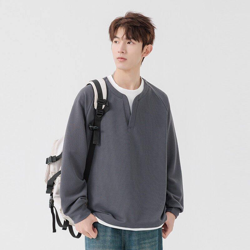 メンズ ファッション 春秋コーデ スウェットシャツ 長袖 トップス 無地 重ね着風 ワッフル ゆったり リラックス カジュアル デイリー スポーティー ベーシック