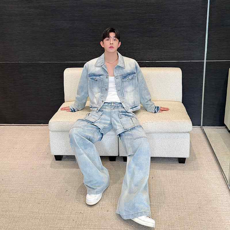 メンズ 長袖 ジャケット パンツ デニム ジーパン アメリカン ストリート ファッション おしゃれ カジュアル 個性的 ワイドレッグ セットアップ クール かっこいい スタイリッシュ 衣装