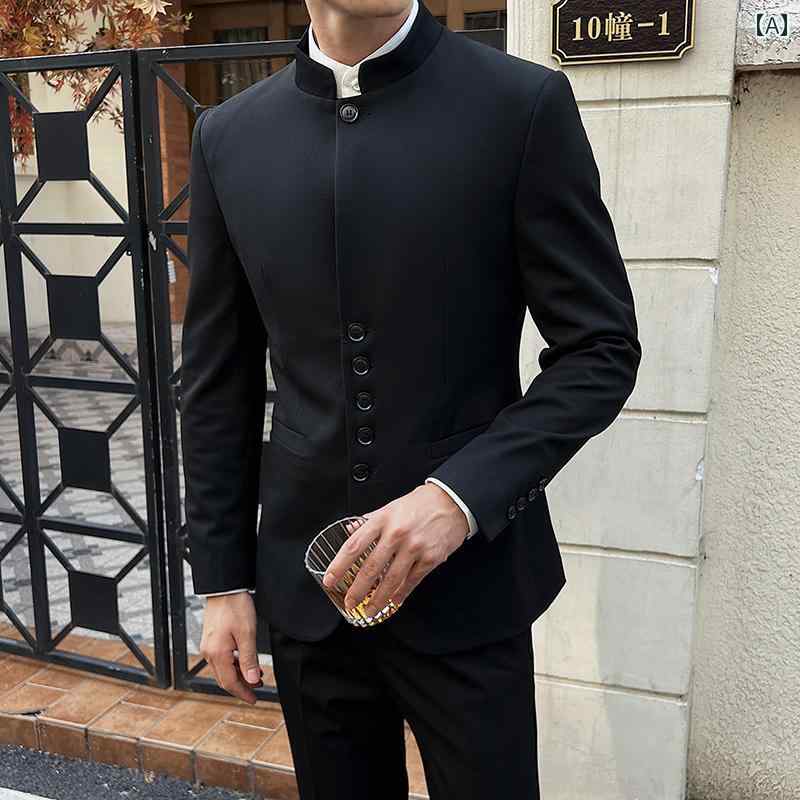 若見え メンズ スーツ 高級感 おしゃれ ビジネス カジュアル チャイナ風 スタイリッシュ スタンドカラー 新郎 結婚式用 エレガント ブラック セレモニー
