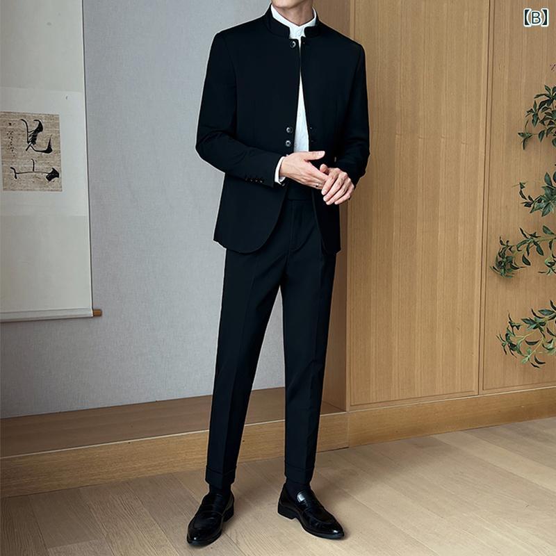 若見え メンズ スーツ 高級感 おしゃれ ビジネス カジュアル チャイナ風 スタイリッシュ スタンドカラー 新郎 結婚式用 エレガント ブラック セレモニー