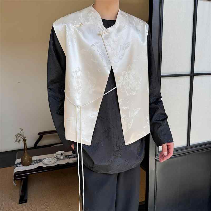 チャイナ風 サテン ベスト メンズ 男性 モダン レトロ ジャカード ジャケット クラシック 高級感 レイヤード カジュアル アンティーク 花柄