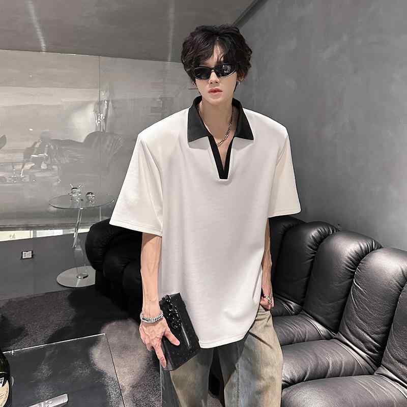 メンズ 半袖 トップス シャツ 薄手 ゆったり ラペル おしゃれ シンプル カジュアル アメリカン レトロ Vネック クラシック ストリート ファッション 肩パッド入り ボーイズ