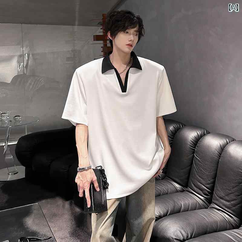 メンズ 半袖 トップス シャツ 薄手 ゆったり ラペル おしゃれ シンプル カジュアル アメリカン レトロ Vネック クラシック ストリート ファッション 肩パッド入り ボーイズ