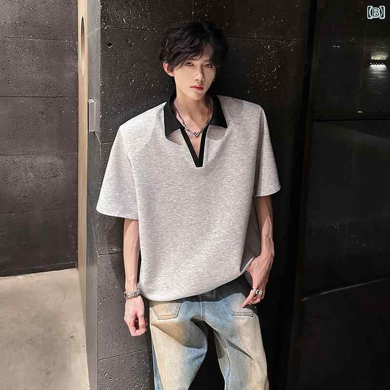 メンズ 半袖 トップス シャツ 薄手 ゆったり ラペル おしゃれ シンプル カジュアル アメリカン レトロ Vネック クラシック ストリート ファッション 肩パッド入り ボーイズ