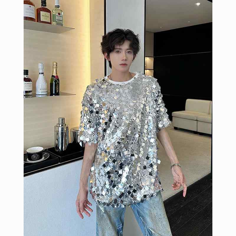 メンズ 半袖 スパンコール キラキラ ユニーク 個性的 トップス ナイトクラブ 衣装 ステージ ファッショ..