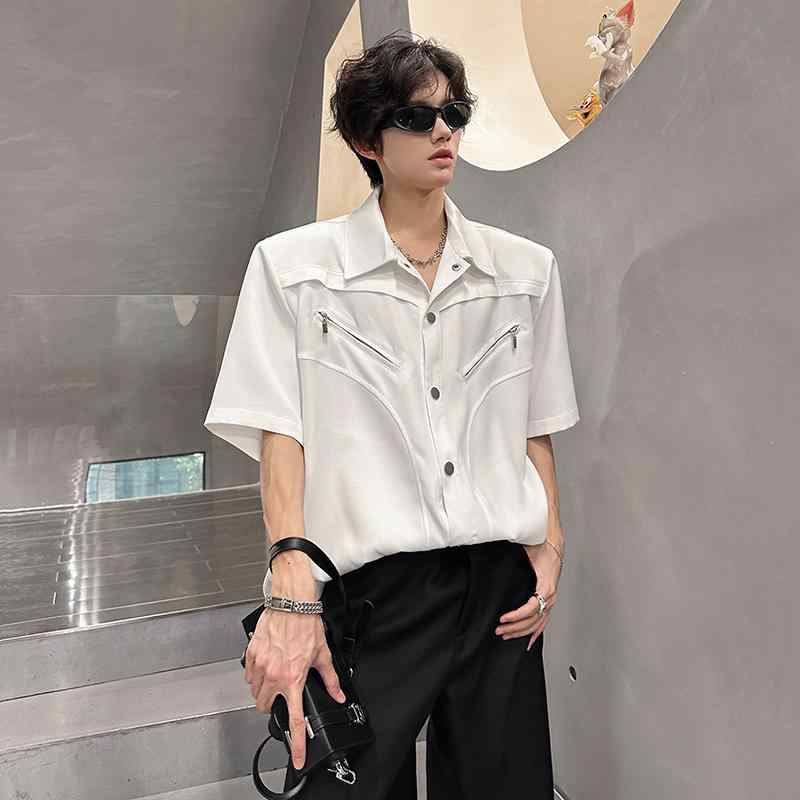 メンズ 半袖 シャツ トップス シングルブレスト 肩パッド入り シンプル カジュアル シック ミニマル ス..