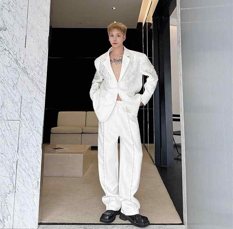 メンズ 長袖 スーツ ジャケット パンツ セットアップ パールラインストーン ゆったり スタイリッシュ ..