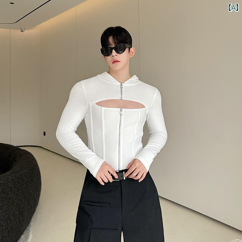 トップス 長袖 メンズ 個性的 ファッション 斬新 おしゃれ デザイン ダブル ジッパー フード付き 無地 シンプル セクシー スタイリッシュ スリム
