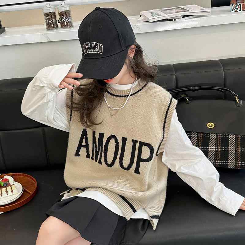 雜貨, 精品（便當用品, 毛巾, 文具類） - 子供服 女の子 ジュニア セットアップ 春秋 韓国風 かわいい おしゃれ Vネック ニットベスト 長袖 白カットソー カジュアル 普段着 通学 2点セット