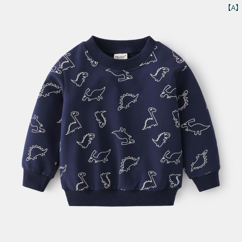 ・カテゴリ: キッズスウェット・性別: 男の子・スタイル: カジュアル・対象年齢: 3～8歳・加工: 柔軟加工・柄: キャラクター・厚さ: 標準・袖丈: 長袖・開閉タイプ: プルオーバー・主な素材: 綿95%・カラー展開: 濃紺（恐竜総柄）、グレー（恐竜総柄）・適合身長: 90cm、100cm、110cm、120cm、130cm