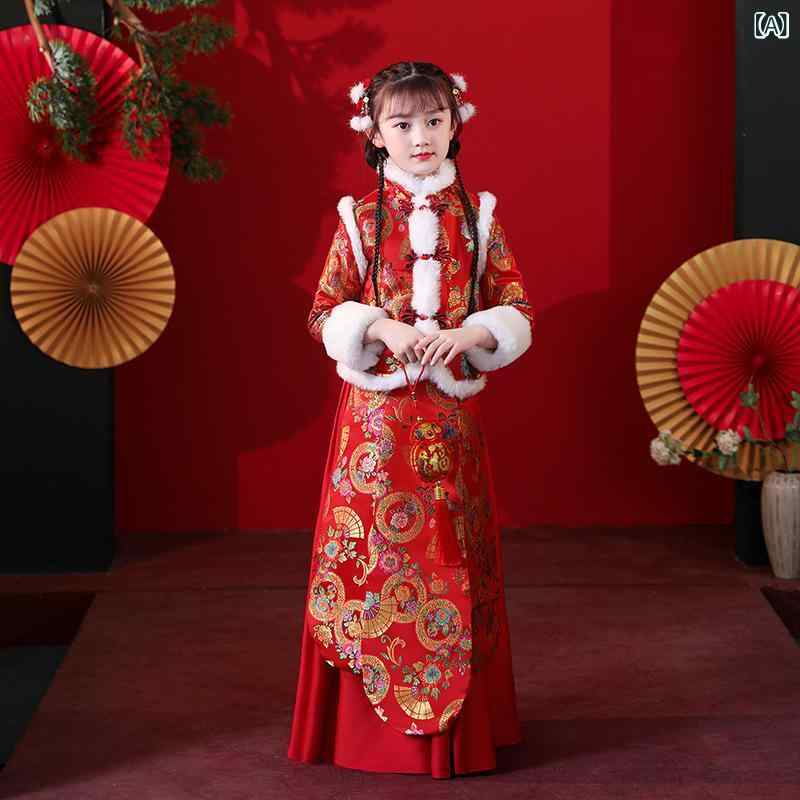 チャイナドレス 女児 女の子 裏起毛 厚手 綿 花柄 唐装 漢服 中華風 お祝い 発表会 舞台衣装 ツーピース プリンセス フォーマル イベント 秋冬