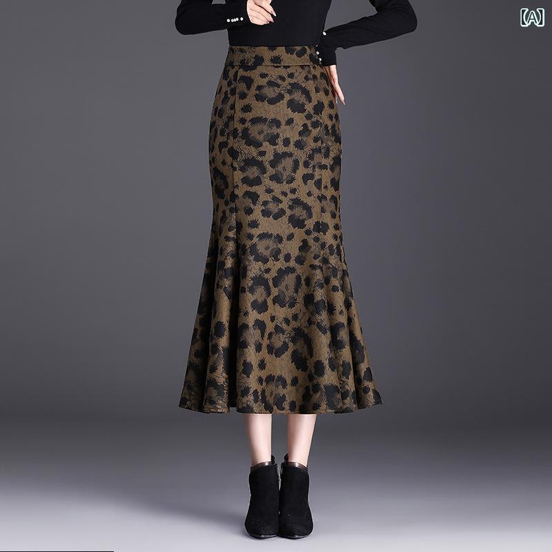 スカート レディース プリント柄 ウール調 切り替え マーメイドスカート ミディ丈 ハイウエスト 体型カバー 韓国ファッション 秋冬 通勤 オフィス きれいめ 上品 ポリエステル ストレッチ