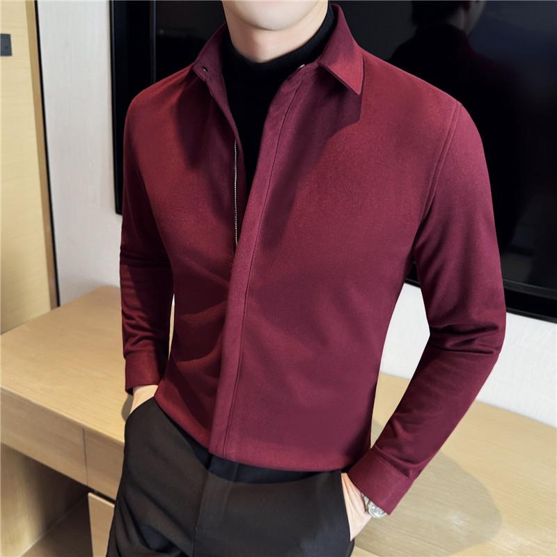 シャツ メンズ 秋冬 厚手 保温 暖かい 韓国風 スリムフィット ジップアップ スタンドカラー 長袖 ポリエステル フリース ウール調 ウォッシャブル ビジネス カジュアル ブラック トップス