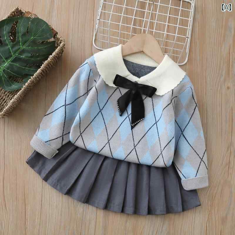 キッズ 女の子 JK制服 プリーツスカート スクール風 長袖 柔らか アクリル素材 無地 キャラクター柄 かわいい 蝶結び シングルボタン 2点セット 秋冬