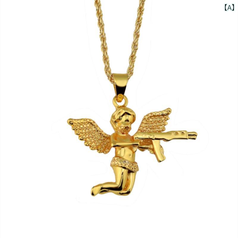 ネックレス 男女兼用 守護天使 エンジェル 翼 羽 ジルコニア ヒップホップ ストリート系 ミニ ペンダント チェーン 合金 電気メッキ加工 欧米風 金色 銀色
