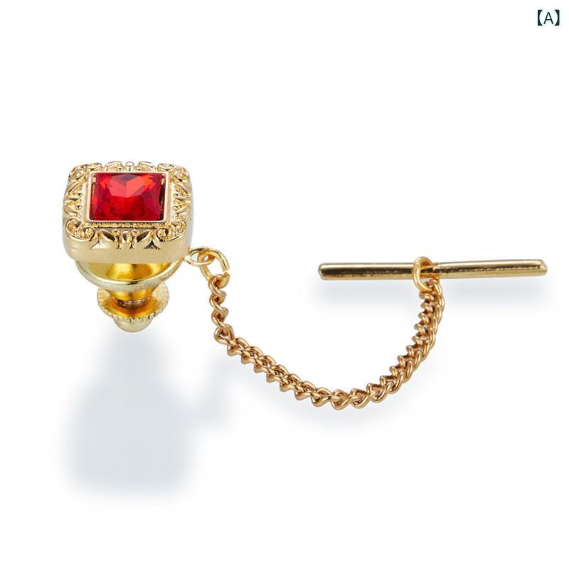 ブローチ メンズ 男性用 ネクタイピン 幾何学模様 ラインストーン チェーン 宮廷風 高級感 欧米風 襟元クリップ 銅製 合金 結婚式 礼服 フォーマル パーティー ビジネス 人工宝石 レッド ブルー ピンク系 アプリコットカラー