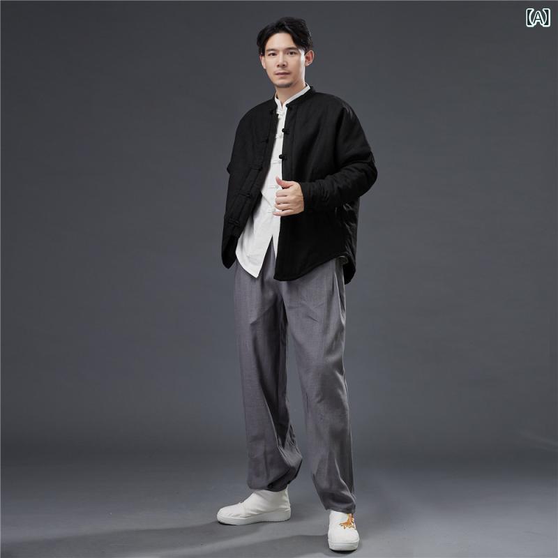 ジャケット メンズ 男性用 ルーズフィット 開襟 シングルボタン 厚手 ショート丈 ダウン風中綿アウター 保温性 中国風 カジュアル 綿 コットン 普段使い デイリーユース ブラック系 秋冬