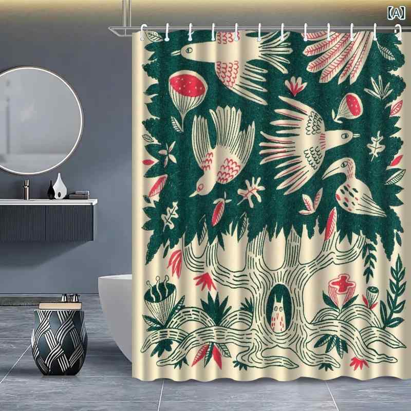 シャワーカーテン 防水 撥水 ポリエステル製 レトロ風 ヴィンテージ風 浴室 バスルーム 間仕切り 目隠し 取り付け簡単 突っ張り棒式
