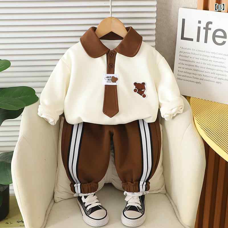 キッズ 男の子 ベビー セットアップ ポロシャツ 長袖 長ズボン 2点セット スクール風 韓国風 秋冬 カジュアル コットンブレンド 柔らか 黒 ブラウン ネイビー la-graine-11573281 ラ・グラーヌ サンプル画像2