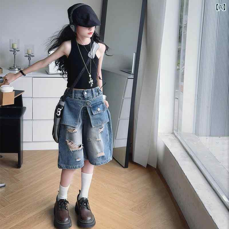 セットアップ 女の子 ガールズ 女児 ジュニア ノースリーブ ベスト タンクトップ デニム ハーフパンツ クロップドパンツ ウエストマーク ゆったり 2点セット 夏 カジュアル 子供服